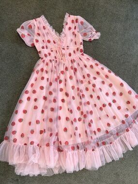 Pink Strawberry Print Tulle Midi Dress
